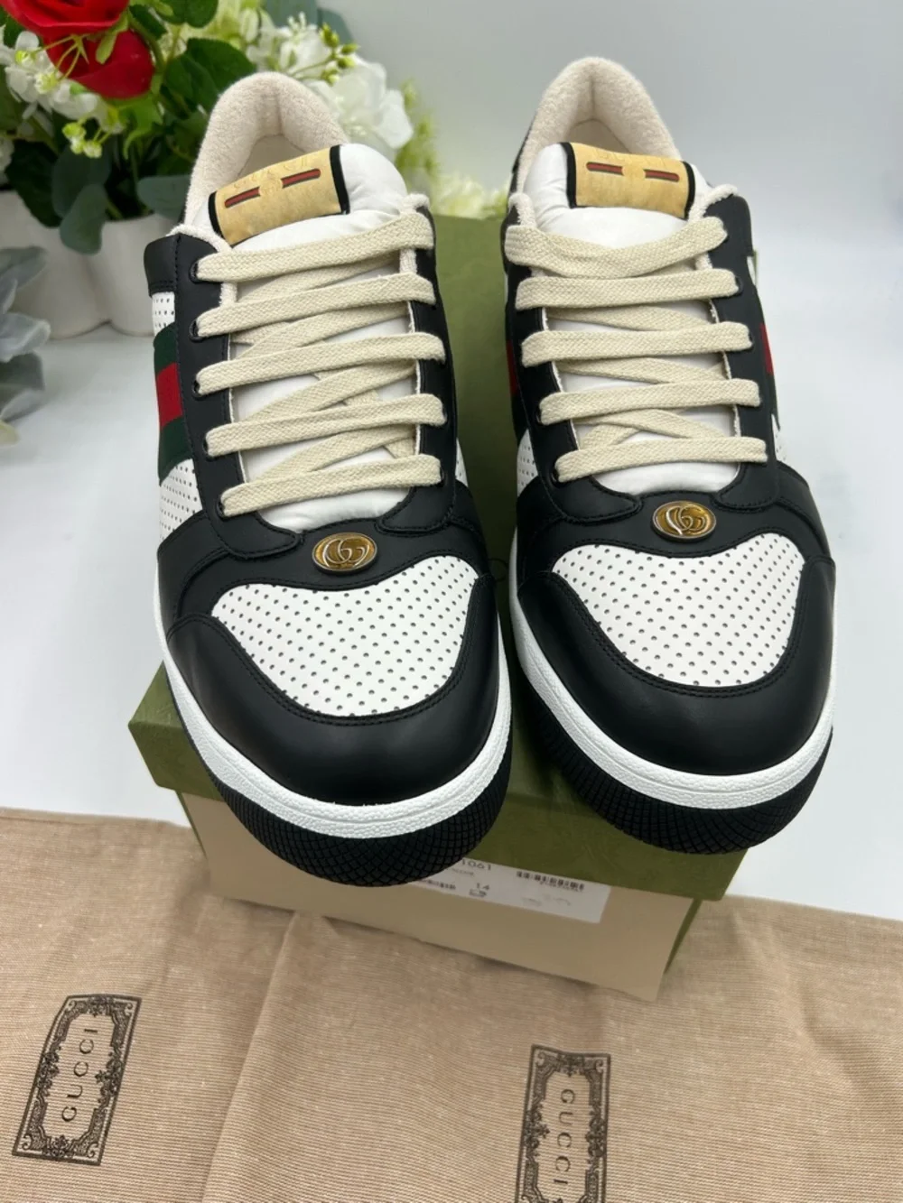 Men's Gucci screener low top leather black/white sneakers size 14 made in Italy